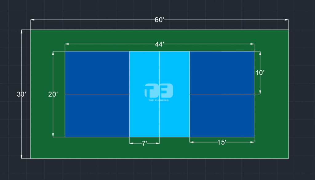 Pickleball court layout 20×44 ft diagram